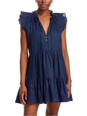 Veronica Beard Zee Tiered Mini Dress 2 Linen Blend Navy Ruffle Neck V Neck